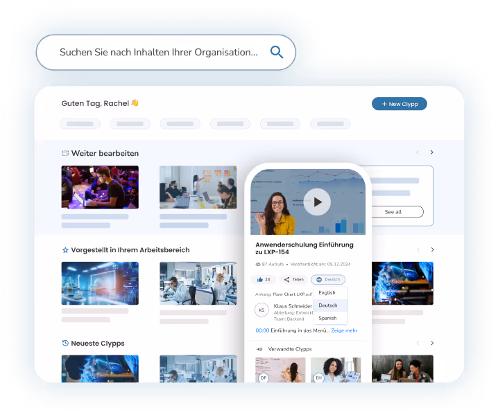 Clypp-Dashboard mit Inhaltssuche und mobiler Vorschau einer Trainingsvideo-Fallstudie
