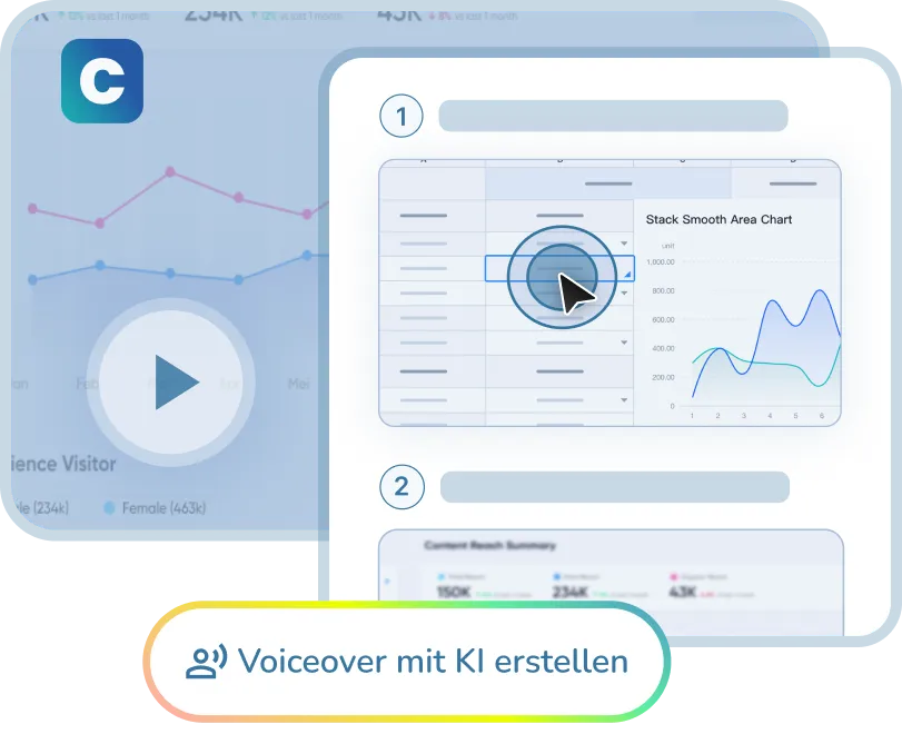 Clypp-Oberfläche mit Schritt-für-Schritt-Anleitung und KI-generierter Voiceover-Option