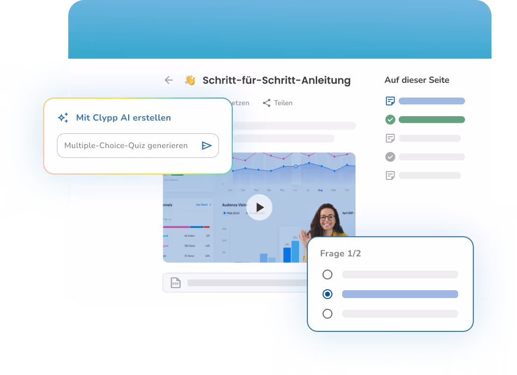 Erstellen Sie automatisch Multiple-Choice-Quiz mit der Clypp AI – direkt aus Schulungsvideos. Intuitive Schritt-für-Schritt-Anleitung mit Fortschrittsanzeige und interaktiven Fragen.
