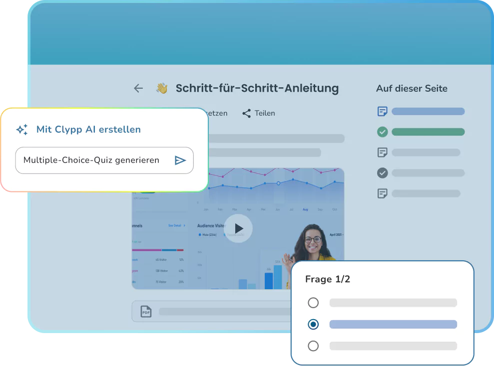 Erstellen Sie automatisch Multiple-Choice-Quiz mit der Clypp AI – direkt aus Schulungsvideos. Intuitive Schritt-für-Schritt-Anleitung mit Fortschrittsanzeige und interaktiven Fragen.
