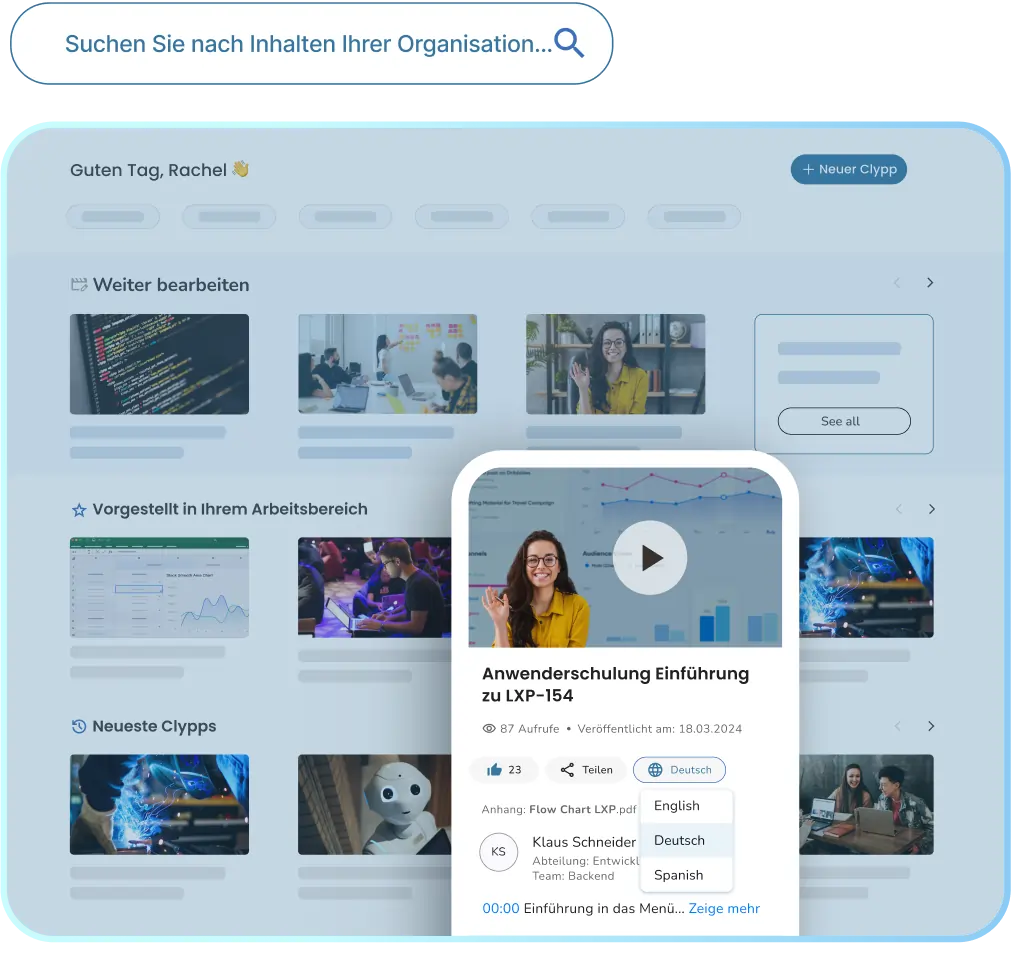 Clypp-Dashboard mit Suchleiste und mobiler Vorschau eines Videos zur Lehrerschulung-Fallstudie