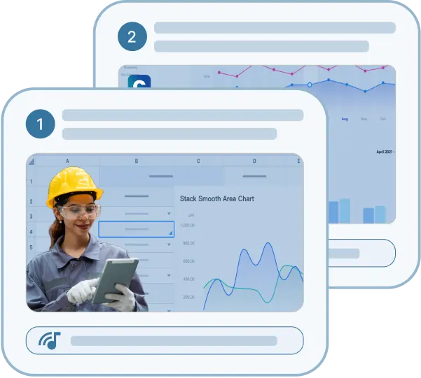 Two illustrated UI cards labeled “1” and “2” show different data charts. The first card in the foreground displays a woman wearing a yellow safety helmet and safety glasses, holding a tablet, with a data chart labeled “Stack Smooth Area Chart” in the background. The second card in the background shows another data chart with lines and bars.