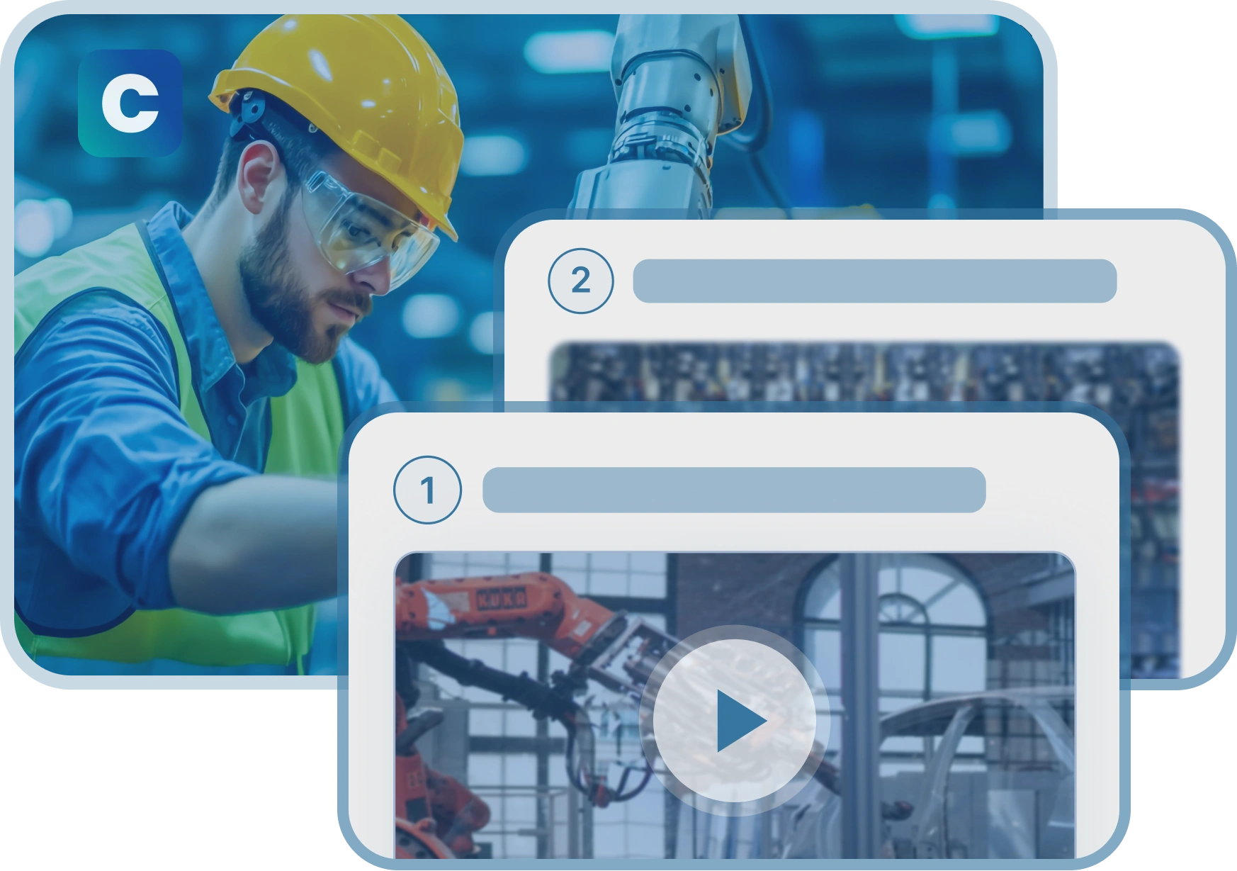 Ein Industriearbeiter mit Schutzhelm sowie zwei überlagerte UI-Screens mit Vorschau-Thumbnails von SOP-Videos, die die video­basierte Prozessdokumentation von Clypp darstellen.