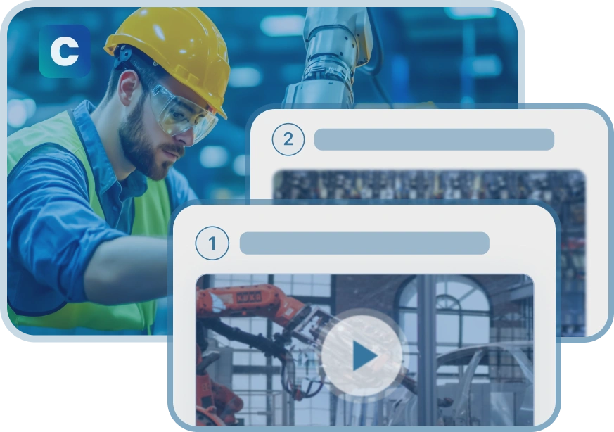 Ein Industriearbeiter mit Schutzhelm sowie zwei überlagerte UI-Screens mit Vorschau-Thumbnails von SOP-Videos, die die video­basierte Prozessdokumentation von Clypp darstellen.