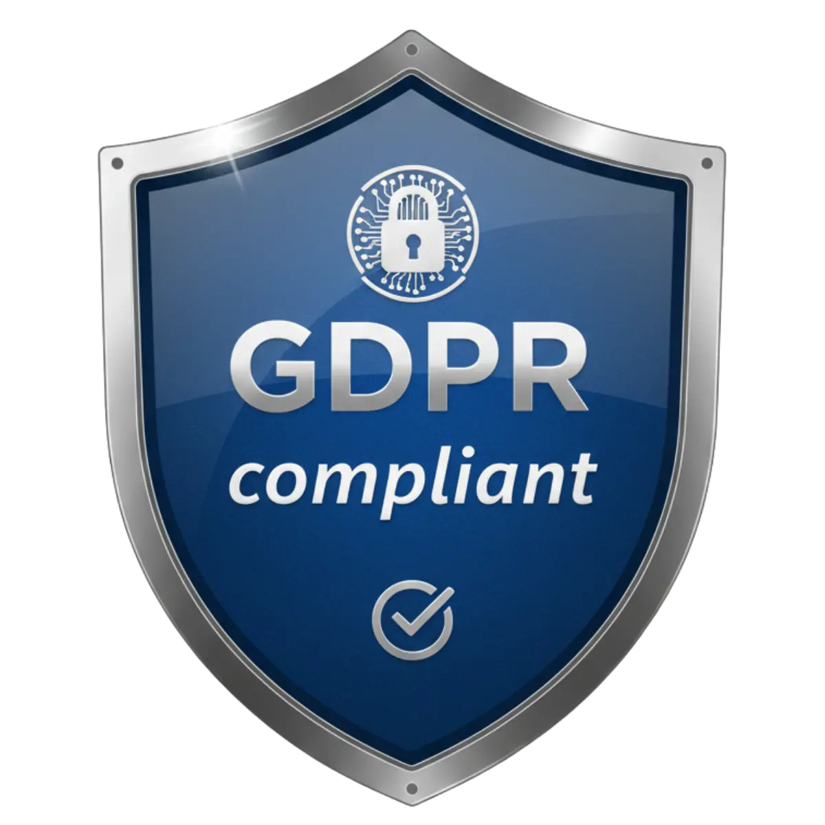 Blue shield with a silver border featuring a padlock icon, the text 'GDPR compliant', and a checkmark symbol.