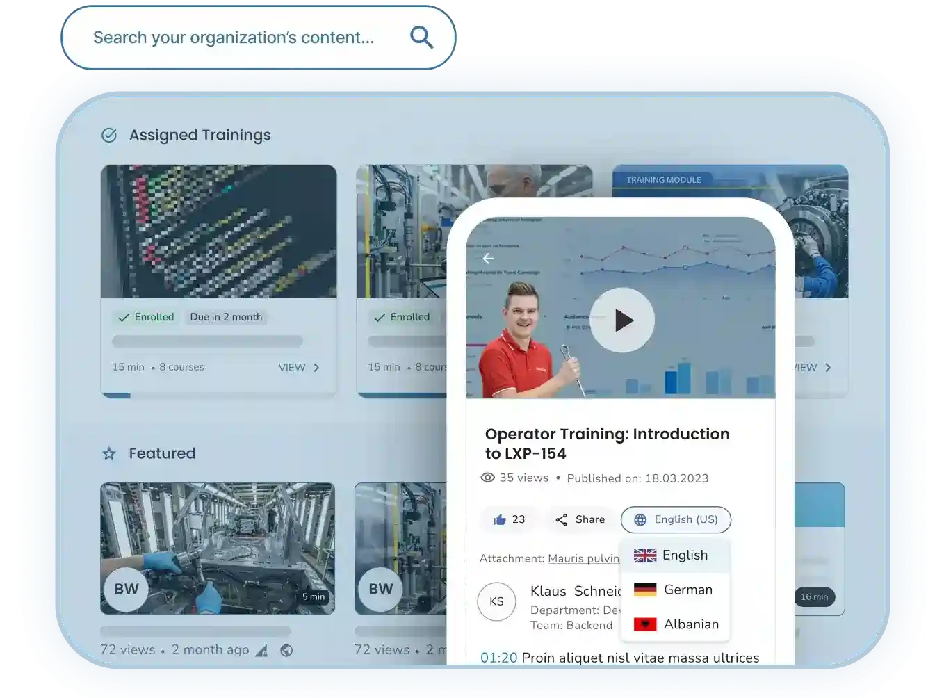 User interface displaying training courses with a search bar, assigned trainings, featured courses, and a pop-up for 'Operator Training: Introduction to LXP-154' showing video preview, views, publish date, likes, share option, and language selection with English, German, and Albanian.