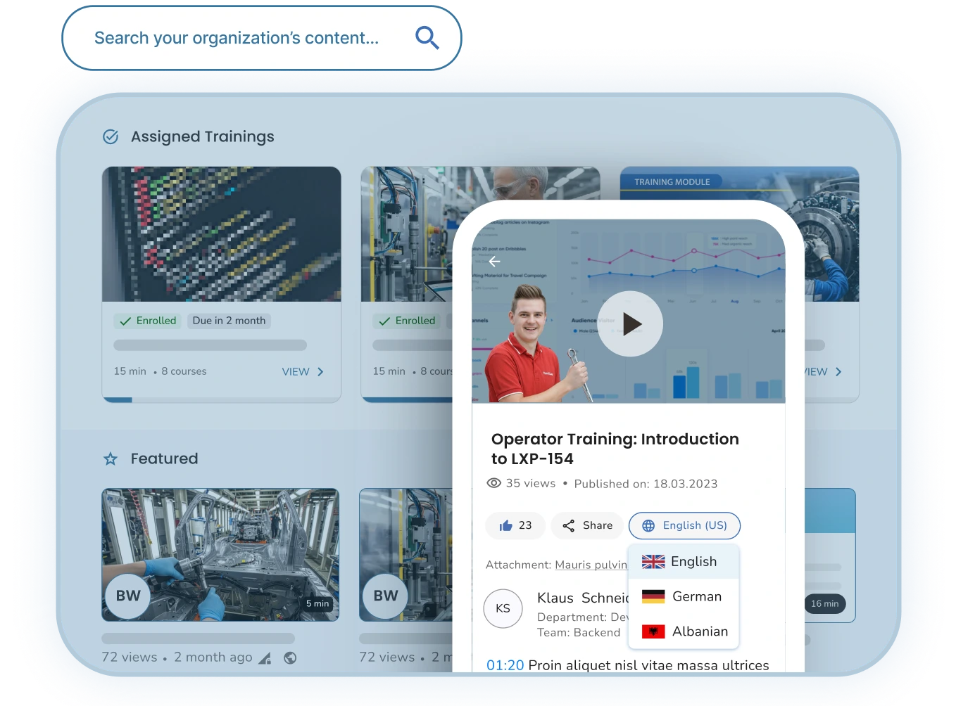 User interface displaying training courses with a search bar, assigned trainings, featured courses, and a pop-up for 'Operator Training: Introduction to LXP-154' showing video preview, views, publish date, likes, share option, and language selection with English, German, and Albanian.