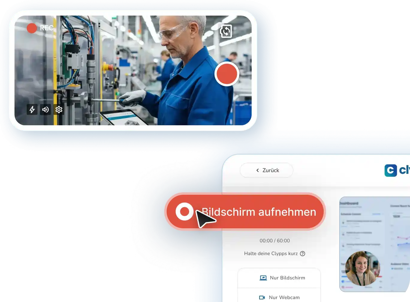 Das Bild zeigt ein Mockup der Clypp Anwendung. Es verdeutlicht, wie einfach es ist, mit Clypp eine Aufnahme zu starten. Dazu wird ein roter Button angezeigt, ebenso wie verschiedene Aufnahmemodi, z.B. Kamera- oder Bildschirmaufnahmen.