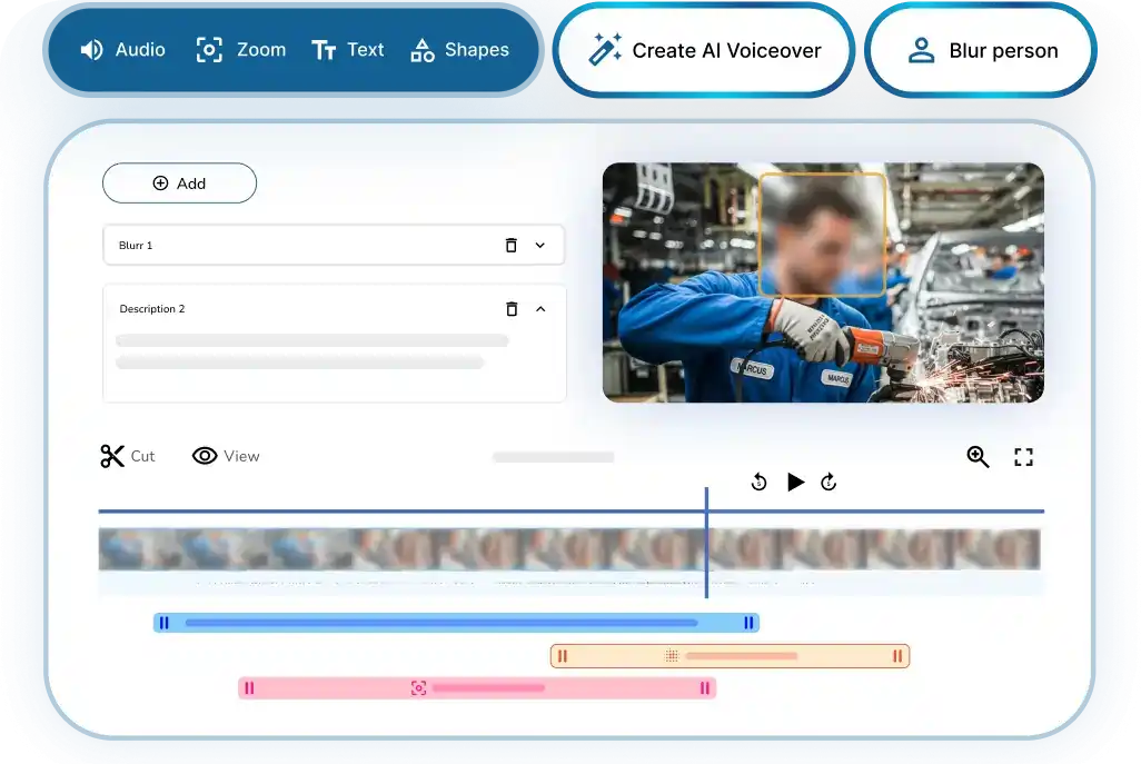 Video editing interface showing AI tools with blurred face of worker using a grinder in a factory setting.