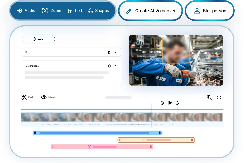Video editing interface showing AI tools with blurred face of worker using a grinder in a factory setting.