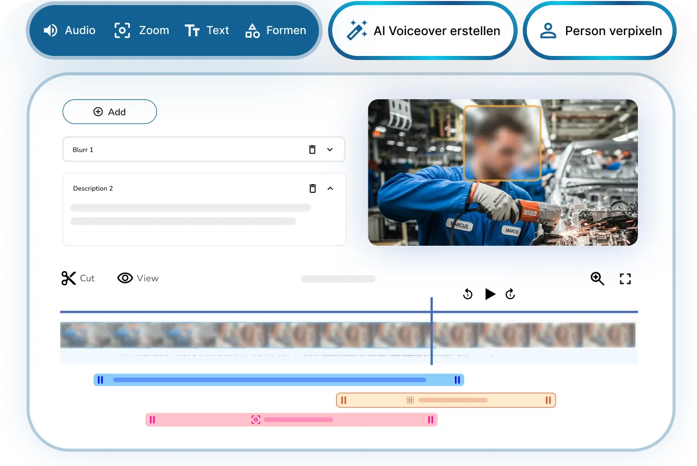 Das Bild zeigt ein Mockup der Clypp Webanwendung. Es ist eine beispielhafte Schulung sichtbar, die durch Video- und Textelemente an Lernende ausgespielt wird, inklusive der Möglichkeit, Fragen zu beantworten.