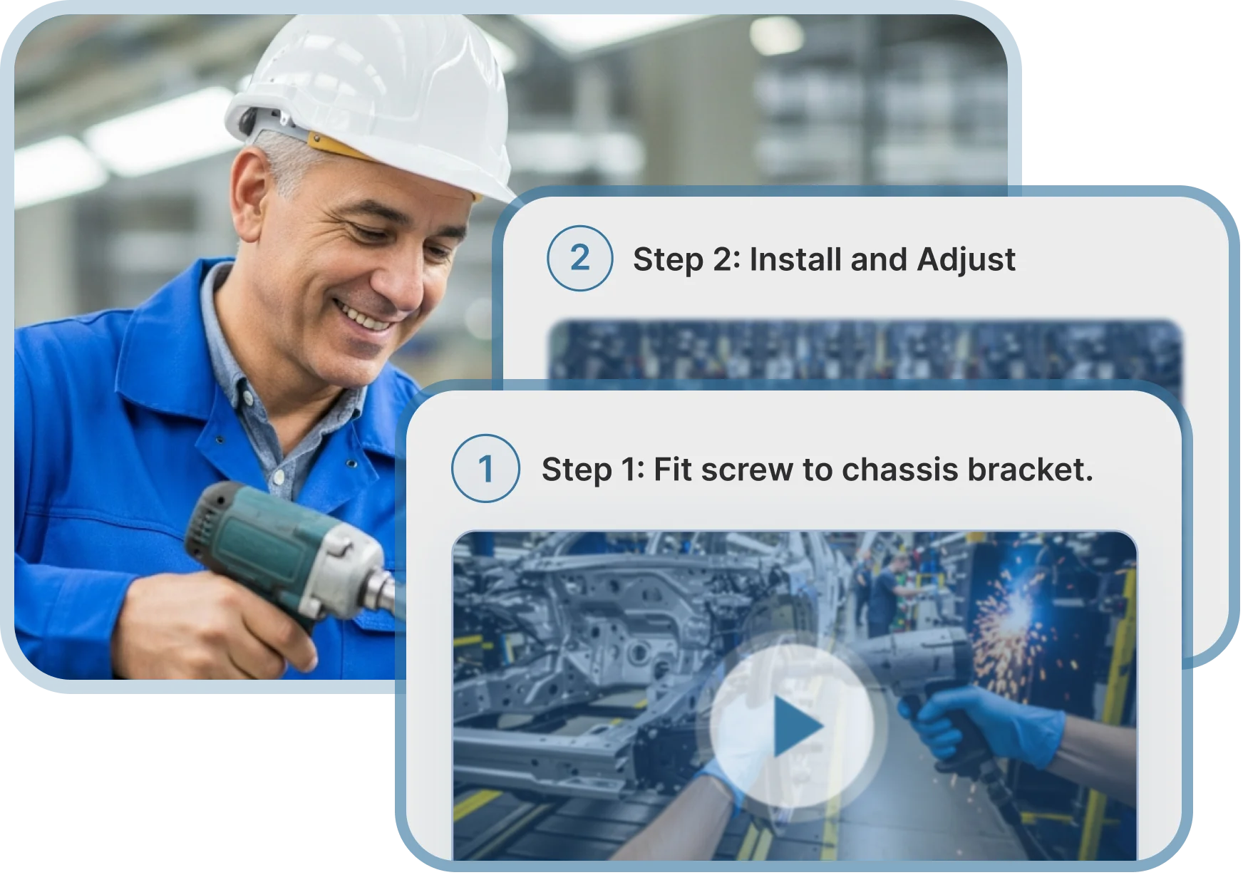 Smiling technician in a white hard hat and blue jacket holds a power tool, with work instructions overlay instructing to fit a screw to chassis bracket and then install and adjust.