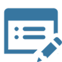 Blue icon of a note with bullet points and a pencil editing it.