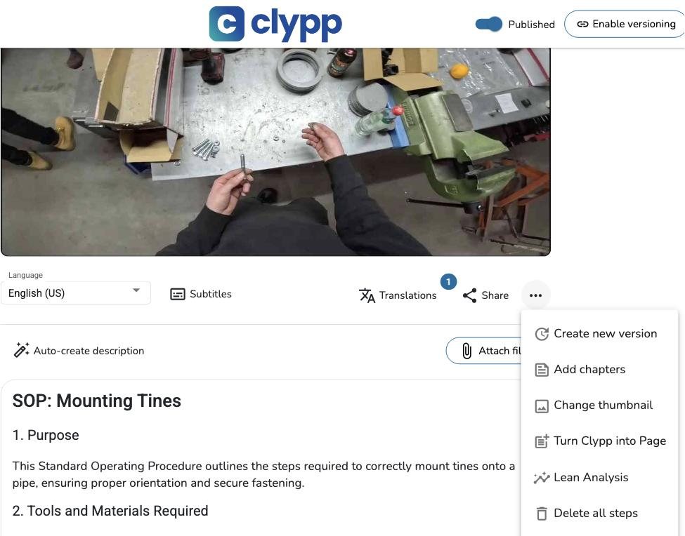 Clypp: menu with create new version, chapters and automatic SOP description