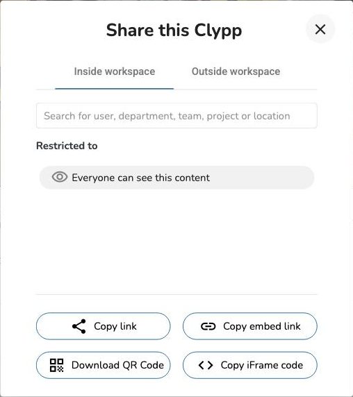 Clypp: share dialog with link, embed and QR code