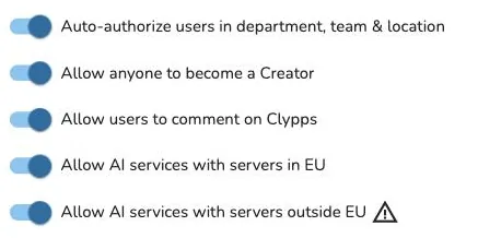 Security settings in Clypp with switches for AI services inside and outside the EU