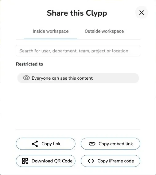 Share dialog in Clypp with QR code, link and embed options