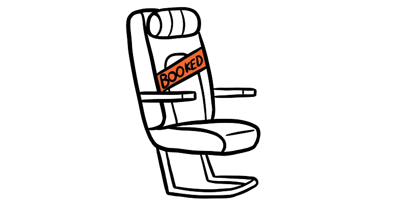 Black and white illustration of an aeroplane seat with an orange "Booked" label across it.