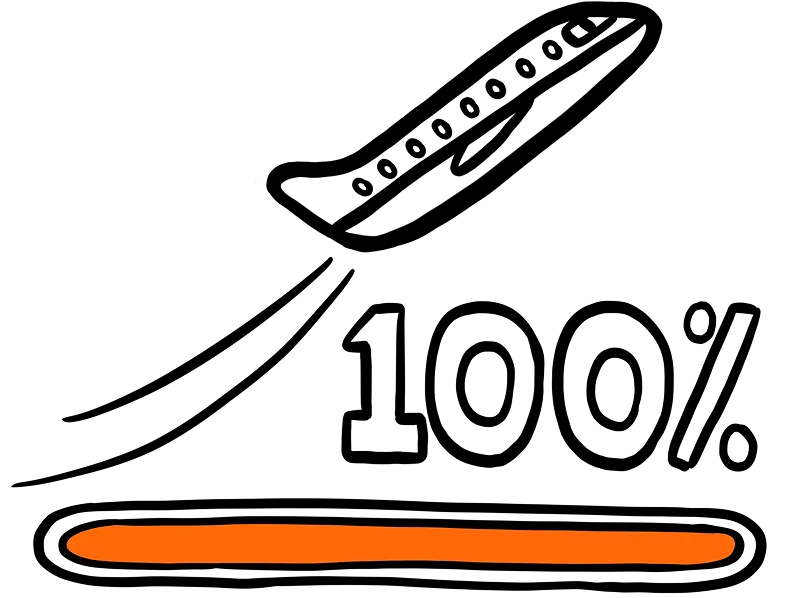 Black and white illustration of an aeroplane taking off with a orange progress line below it beside the stat 100%