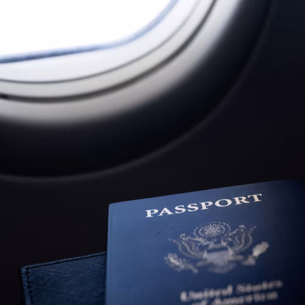passport in front of plane window
