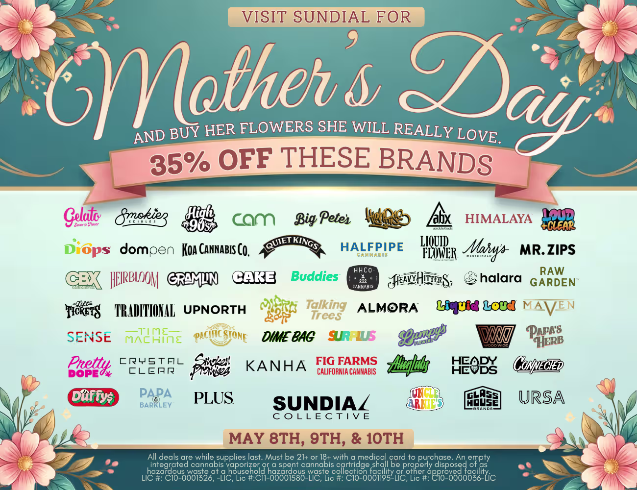 Sundial Collective Mother’s Day banner featuring a floral teal design promoting 35% off select cannabis brands from May 8–10 with multiple brand logos displayed