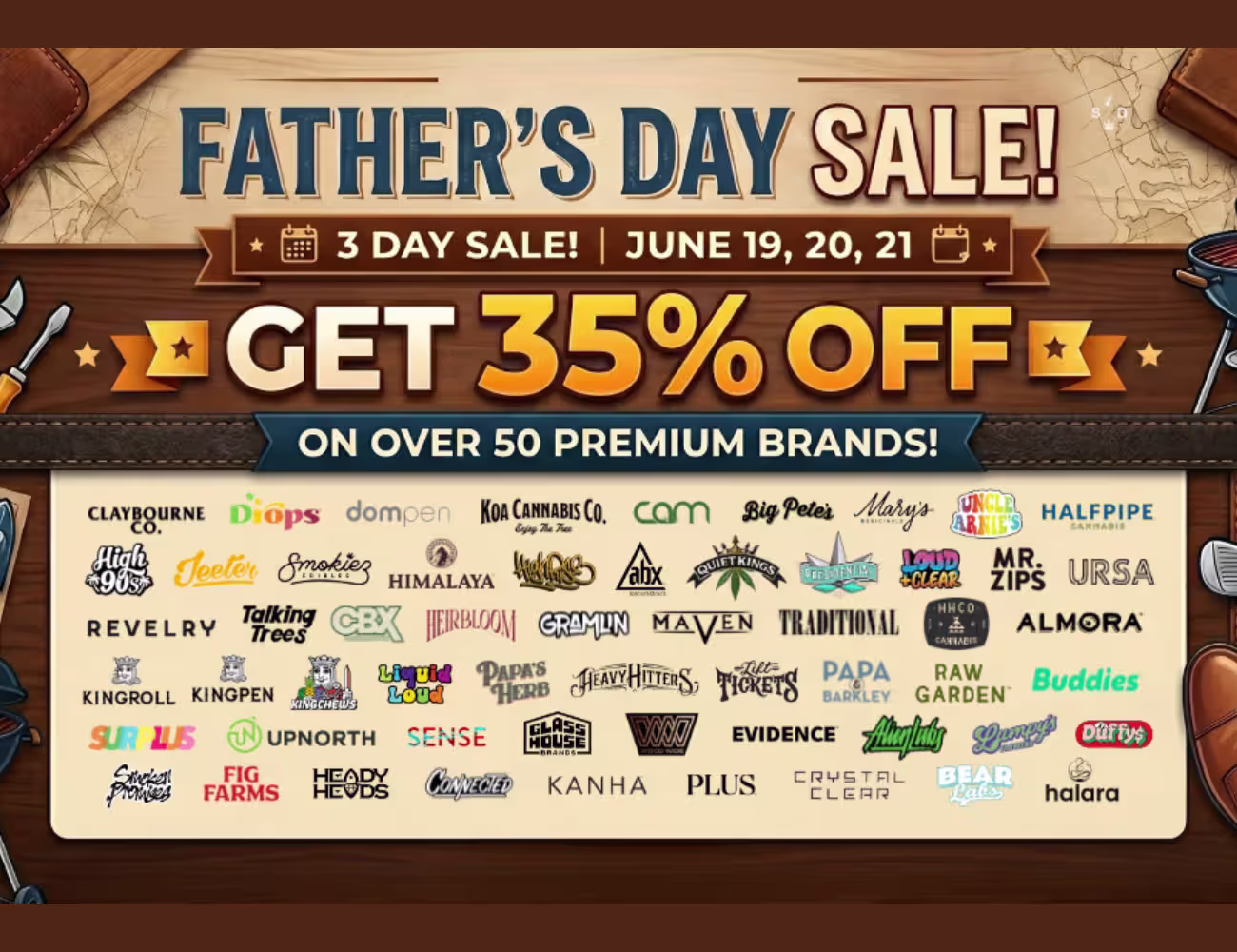 Father’s Day sale banner from Sundial Collective featuring a rustic wood-and-leather design promoting 35% off over 50 premium cannabis brands during a three-day sale from June 19–21.