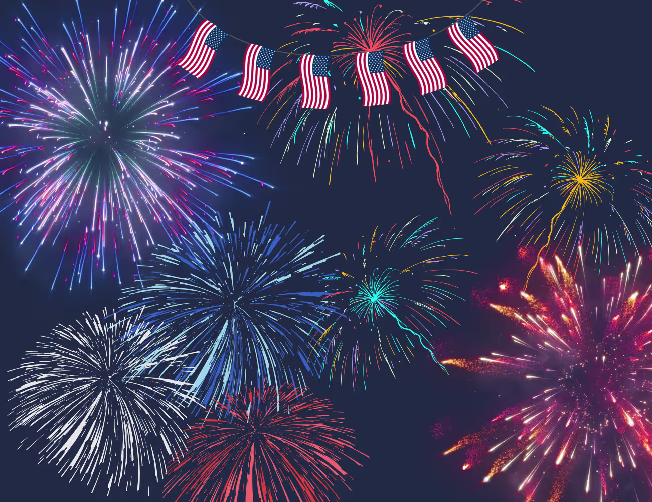 Colorful fireworks bursting across a Navy sky, featuring multiple sparkling displays in shades of gold, white, blue, and pink, creating a festive Fourth of July celebration scene with a garland made of US Flags.