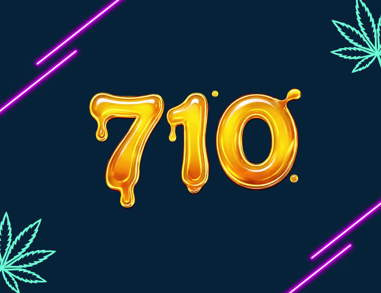 Graphic featuring a glossy golden “710” centered on a dark blue background with neon purple accents and stylized cannabis leaves in the corners, representing the cannabis concentrate holiday.