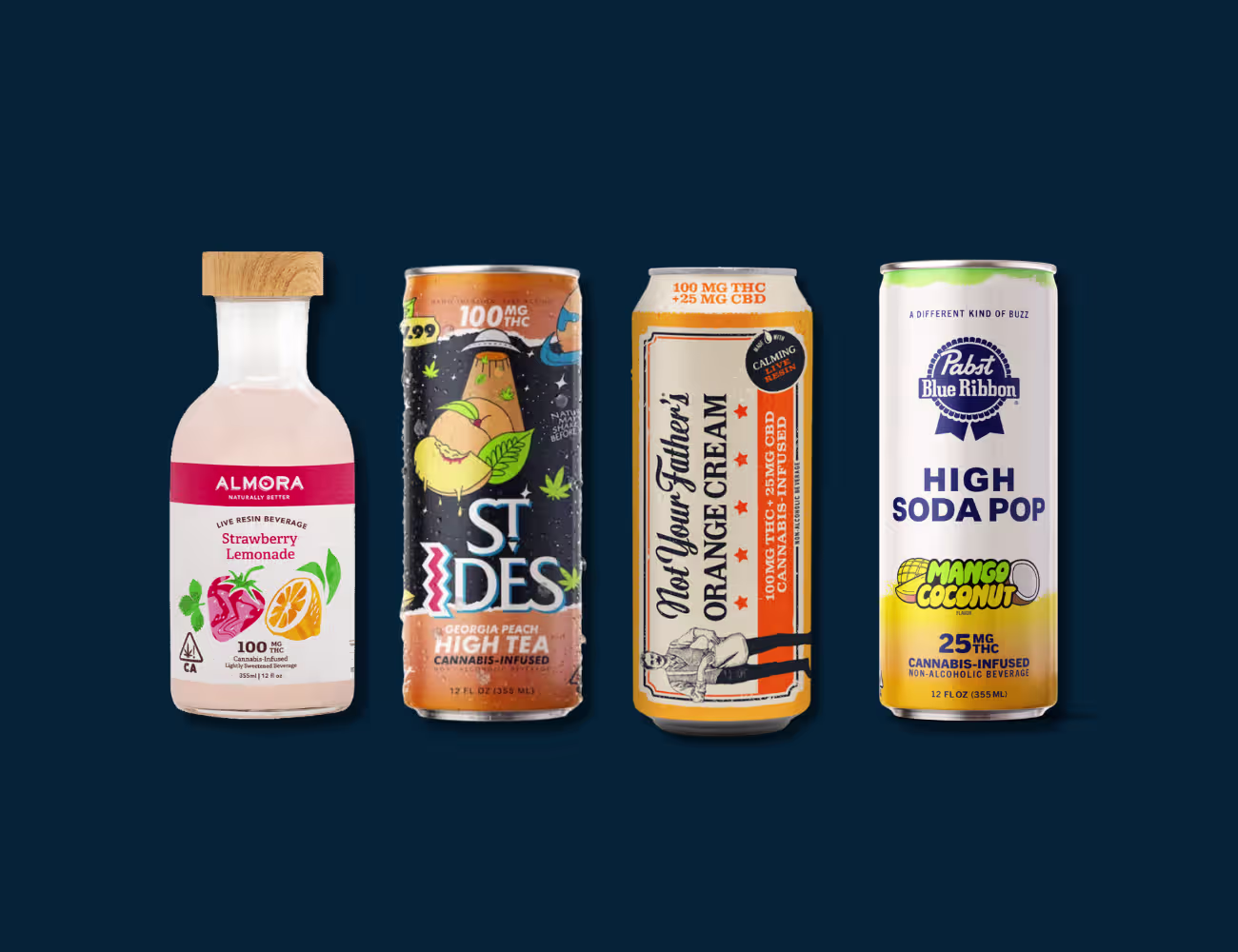 Almora Strawberry Lemonade, St. Ides Georgia Peach High Tea, Not Your Father’s Orange Cream, and Pabst Blue Ribbon Mango Coconut cannabis beverages on a navy background.