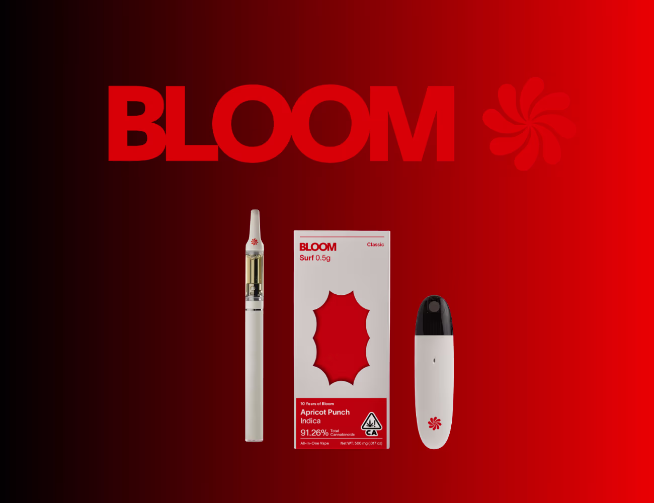 BLOOM logo and a BLOOM cartridge, Apricot Punch Classic Surf 1g, and BLOOM all-in-one vape in a red to black gradient.