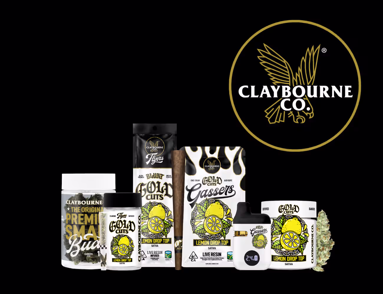 Claybourne Co. logo and products in white packaging on a black background. 