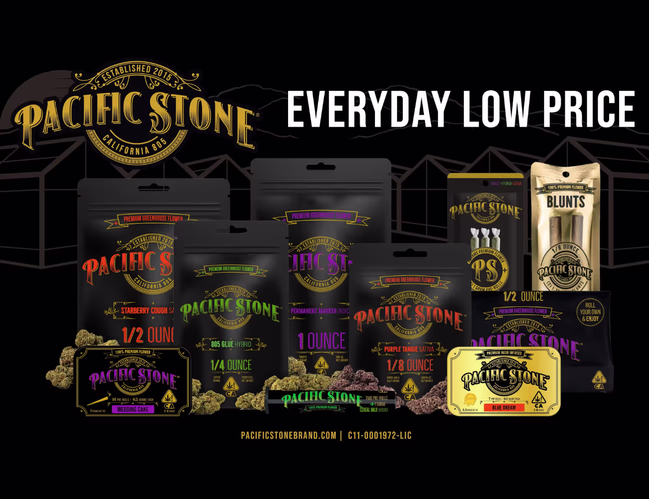 Pacific Stone cannabis brand spotlight at Sundial Collective featuring California-grown flower and pre-roll products.
