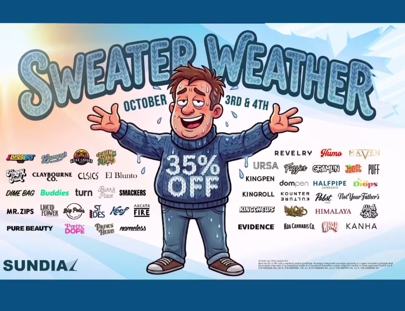  Sundial Collective Sweater Weather Sale flyer offering 35% off select brands October 3–4, featuring a cartoon man in a blue sweater surrounded by brand logos.