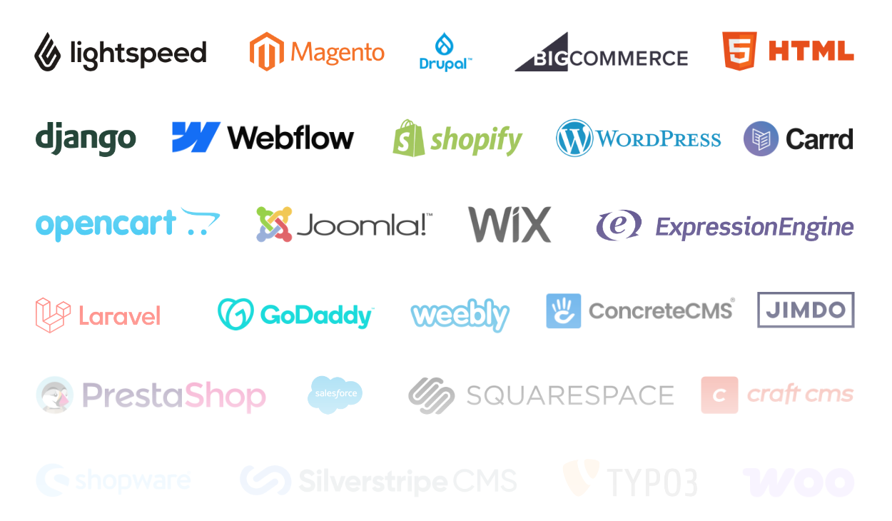 Logos of major web platforms including Shopify, WordPress, Joomla, and others.
