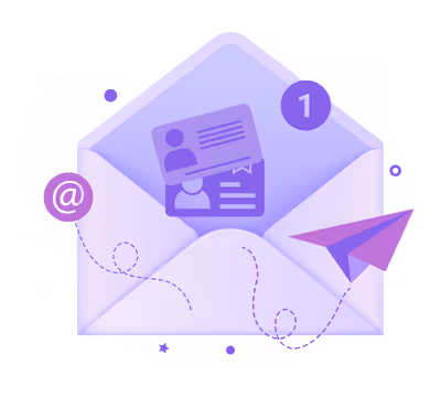 Illustration of an envelope, a paper plane, and business cards, symbolizing communication and subscription.