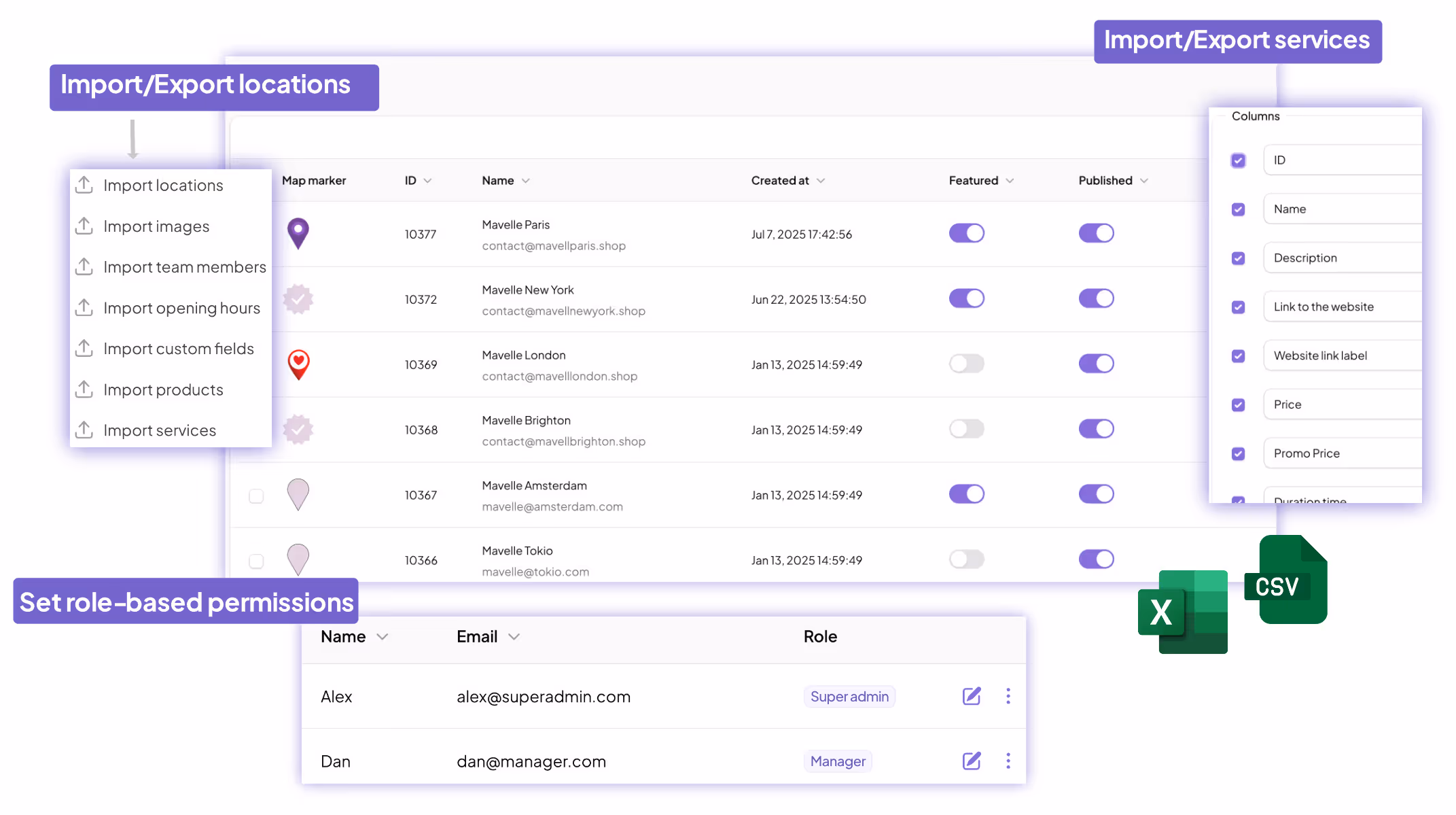 Screenshot of store locator dashboard with bulk import/export features and role-based team permissions for centralized location management.