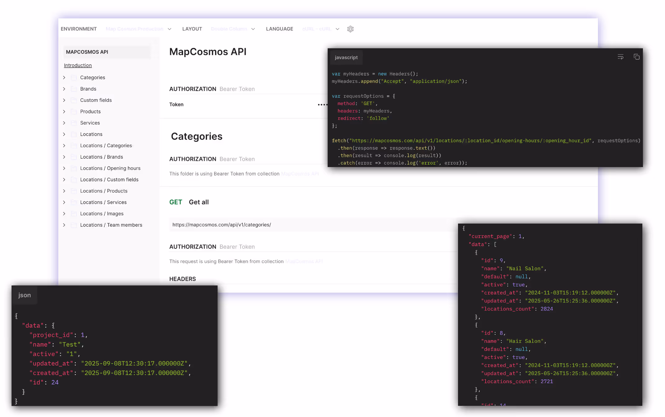 Screenshot of store locator API documentation and integration panel showing real-time data sync, automation options, and developer-friendly endpoints