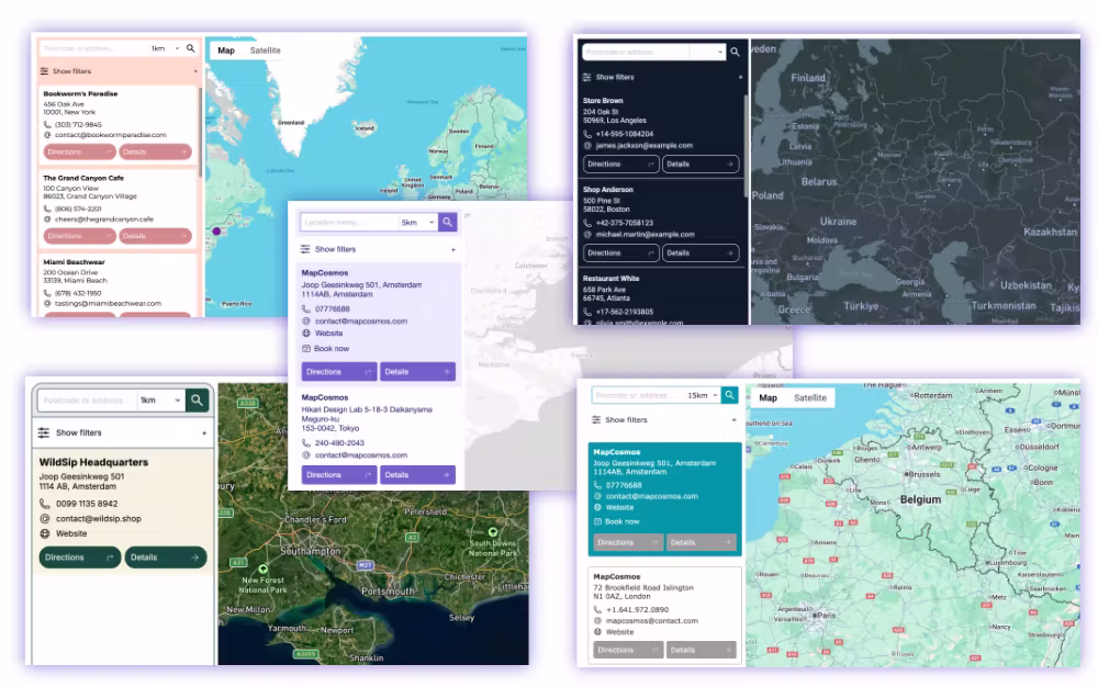 Fully branded store locator interface with custom layout, colors, and design settings powered by MapCosmos.