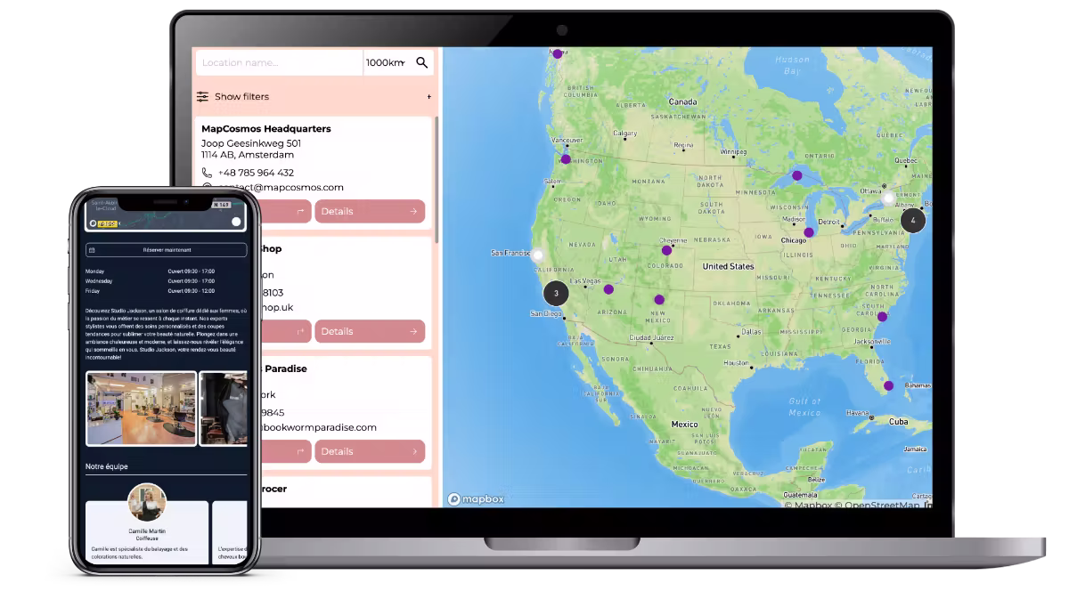A fully customized store locator map created with MapCosmos, showcasing brand colors, icons, and interactive location markers.