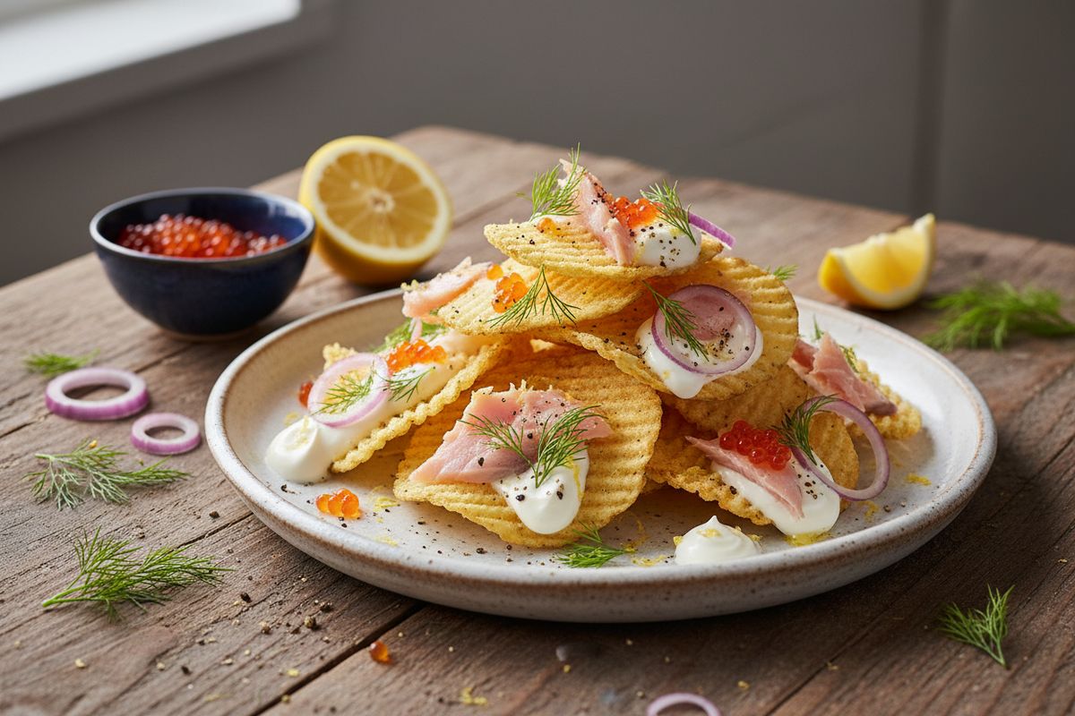 Pohjoismaisista mauista ammentava nachos-tarjotin tillisiruilla, savuforellilla ja creme fraichella – valmis muutamassa minuutissa ilman kypsentämistä.