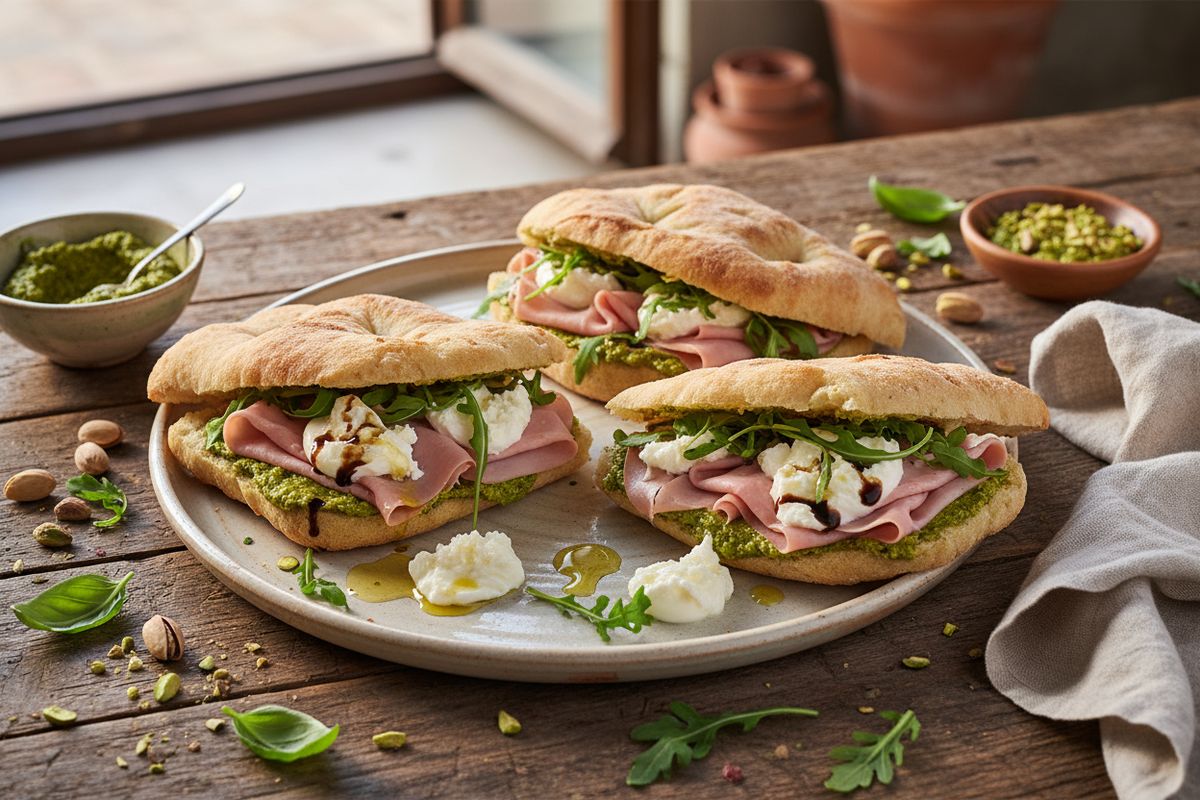 Toscanalainen schiacciata-leipä täytettynä kotitekoisella pistaasipestolla, mortadellalla, rucolan pippurisuudella ja kermaisen burratan herkulla.