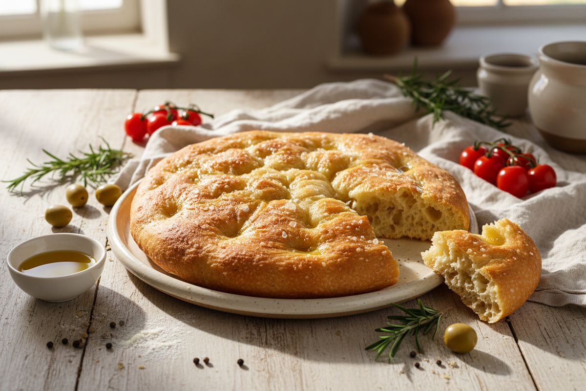 Hapanjuurifocaccia on italialainen leipäklassikko, joka syntyy kärsivällisyydellä, hyvällä hapanjuurella ja runsaalla oliiviöljyllä.