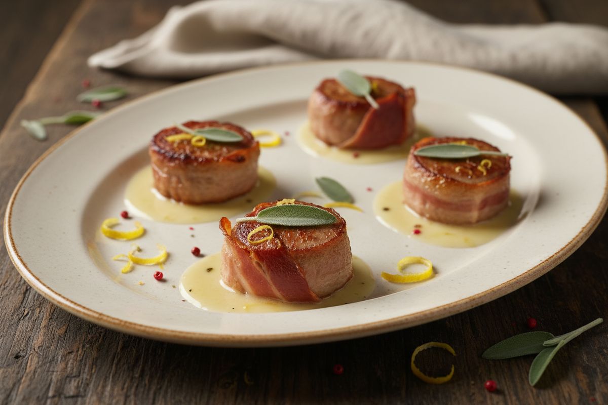 Karitsan ulkofileestä valmistettu italialainen saltimbocca prosciutolla, salvialla ja valkoviini-voikastikkeella – nopea ja näyttävä arki- tai juhla-ateria.