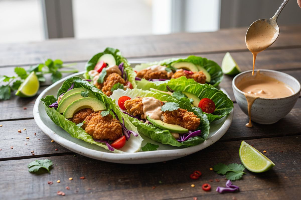 Rapeat kanalla täytetyt salaattitacot chipotle-jogurttikastikkeella – nopea ja eksoottinen arkiruoka.