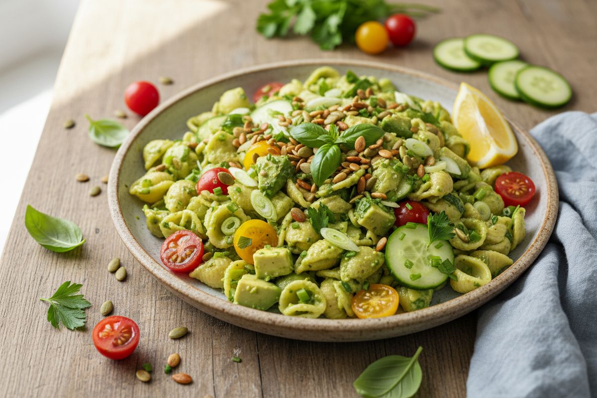 Kermainen ja yrttinen Green Goddess -pastasalaatti on täyttävä lounas tai eksoottinen lisuke, joka pursuaa tuoreita makuja ympäri maailman.