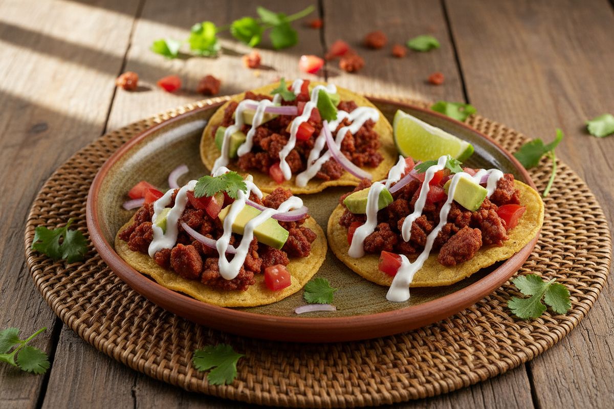 Rapeat meksikolaiset tostadakset chorizolla ja samettisella ranskankermakastikkeella – tulinen ja eksoottinen arkiruoka.