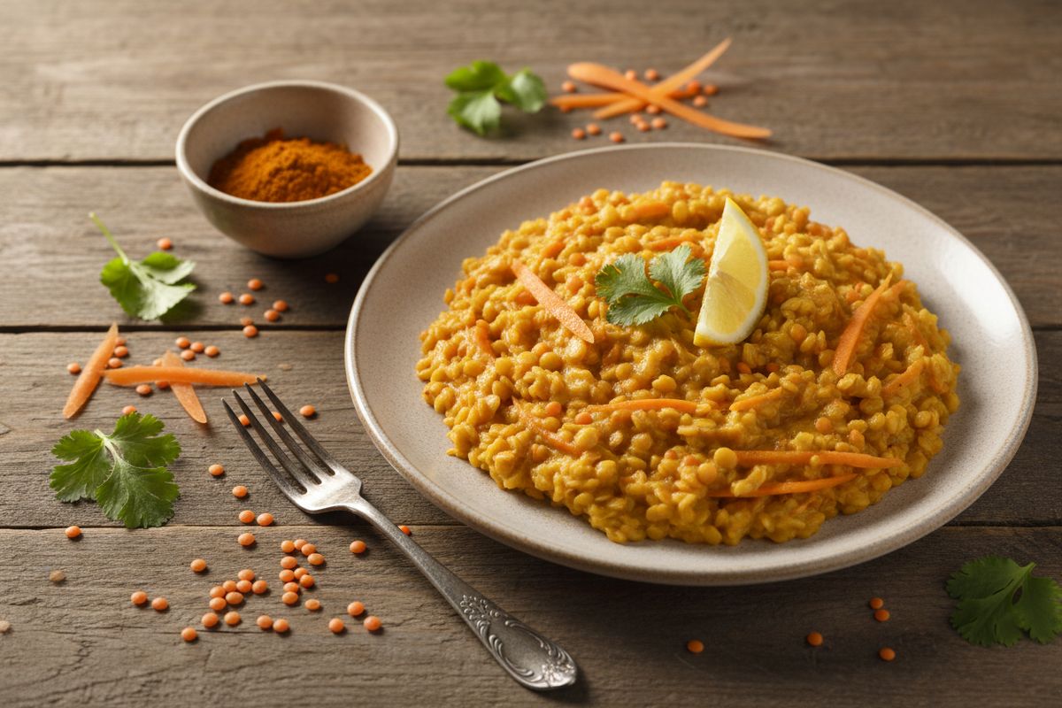 Aromaattinen linssirisotto punaisilla linsseillä, riisillä, porkkanaraastteella ja curryllä – helppo vegaaninen arkiruoka täynnä eksoottisia makuja.