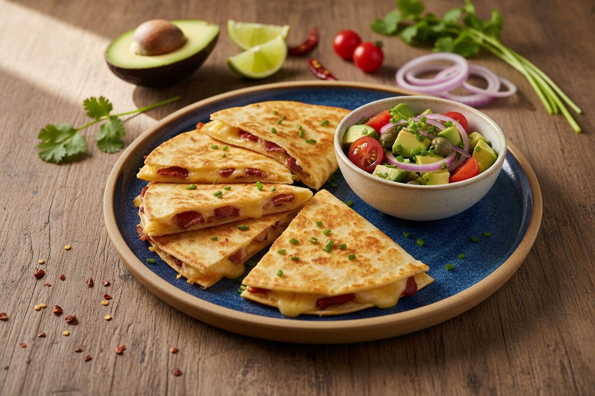 Kultaisen rapeita pekoni-quesadilloja sulavalla juustolla ja kirkkaalla avokado-punasipulisalsalla – nopea meksikolainen seikkailu kotikeittiöön.