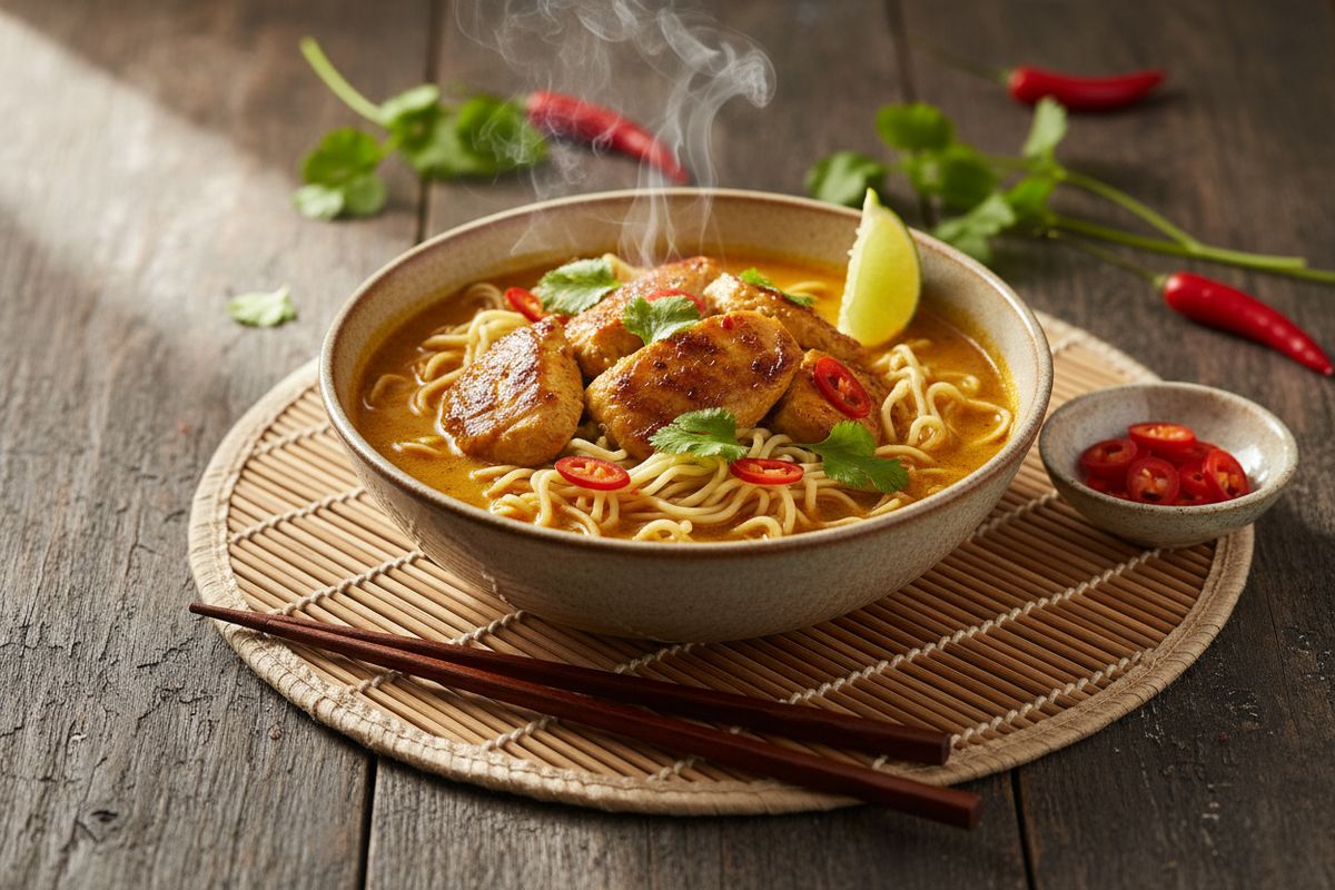 Chiang Mai -nuudelikeitto on Pohjois-Thaimaan aromikas helmi, jossa kookosmaito, punainen curry ja broileri kohtaavat tuoressakorianterissa ja limettimaussa.