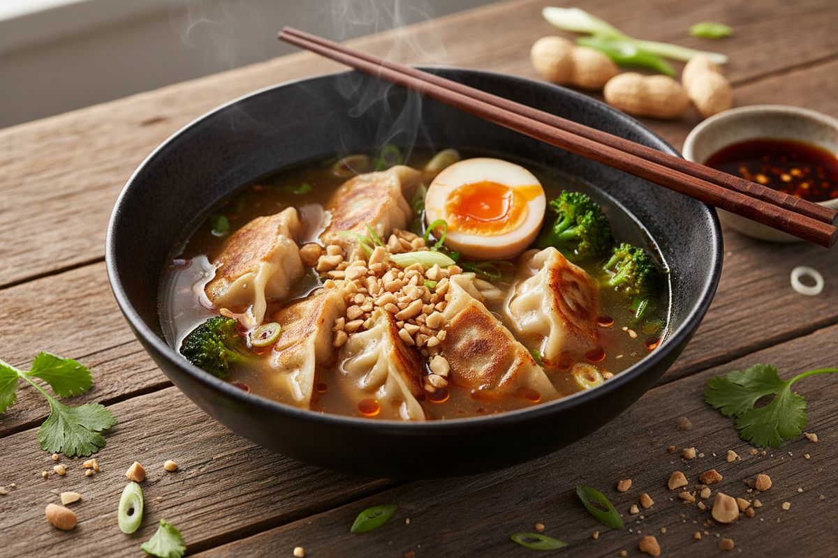 Eksoottinen japanilainen gyoza-keitto mustalla etikalla ja chiliöljyllä – valmis alle 15 minuutissa.
